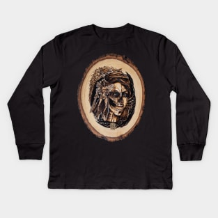 Draugr - nordic ghost pyrography print, wood texture Kids Long Sleeve T-Shirt